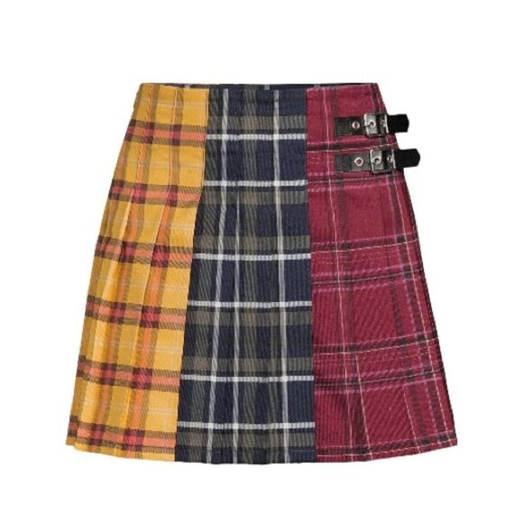 Womens Juniors Denim Pleated Plaid Mini Skirt Size S (3/5) - Picture 1 of 5